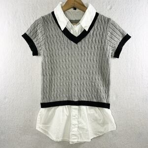 Womens Cable Knit Collared Twofer Top Sz S Preppy Academia Y2K Layered Look